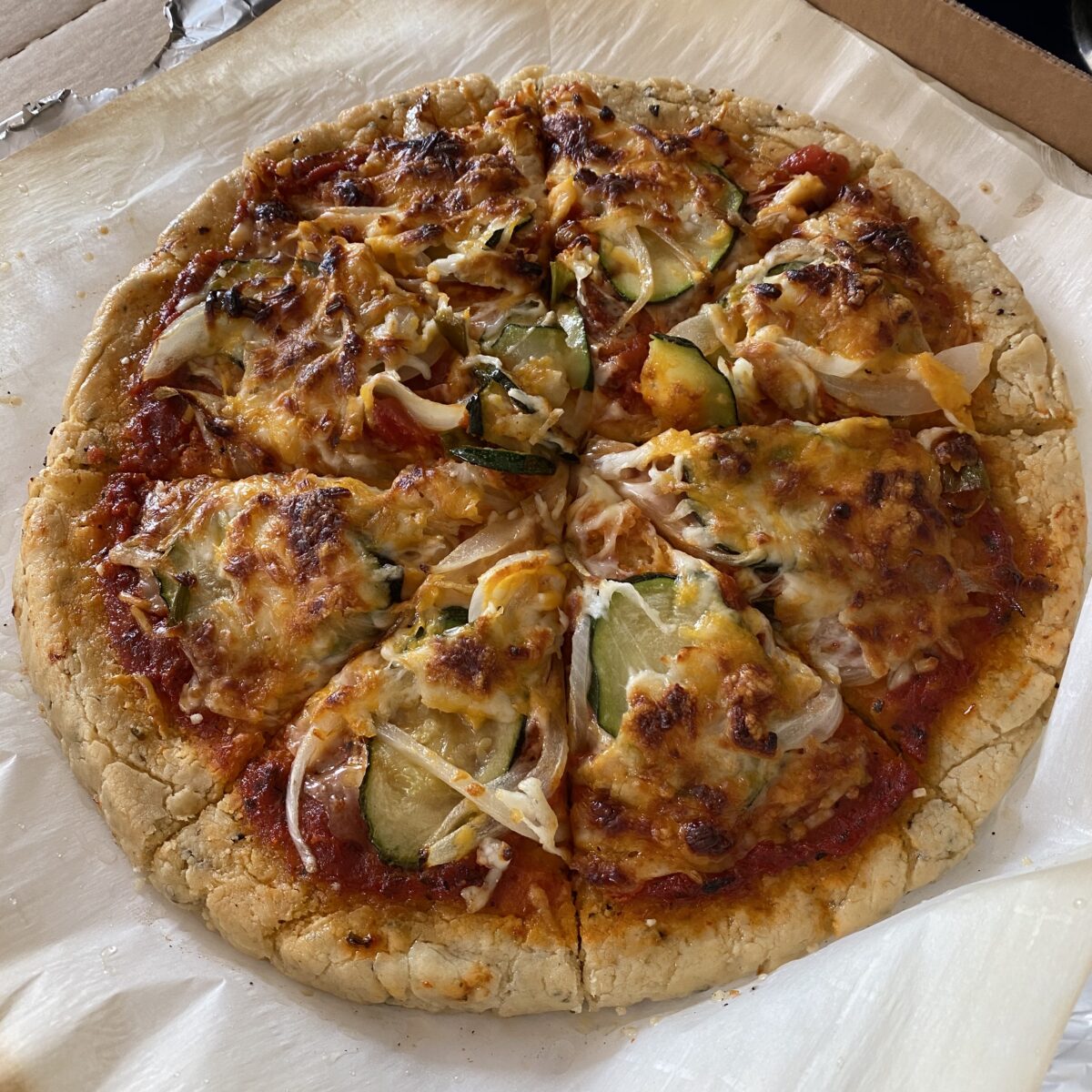 McGeeza's Gluten-Free Original Veggie Pizza Sliced into 8 Pieces of Pizza Pie